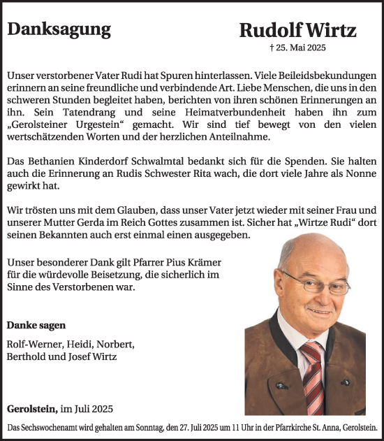 Traueranzeige von Rudolf Wirtz von WochenSpiegel
