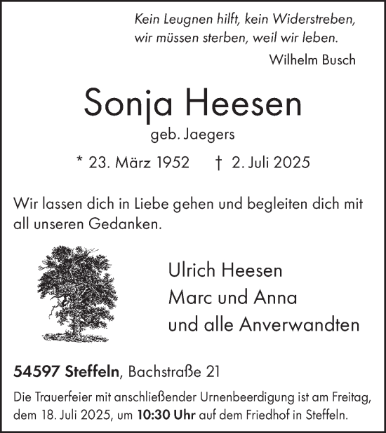 Traueranzeige von Sonja Heesen von WochenSpiegel