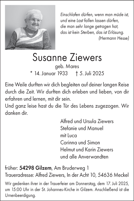 Traueranzeige von Susanne Ziewers von WochenSpiegel
