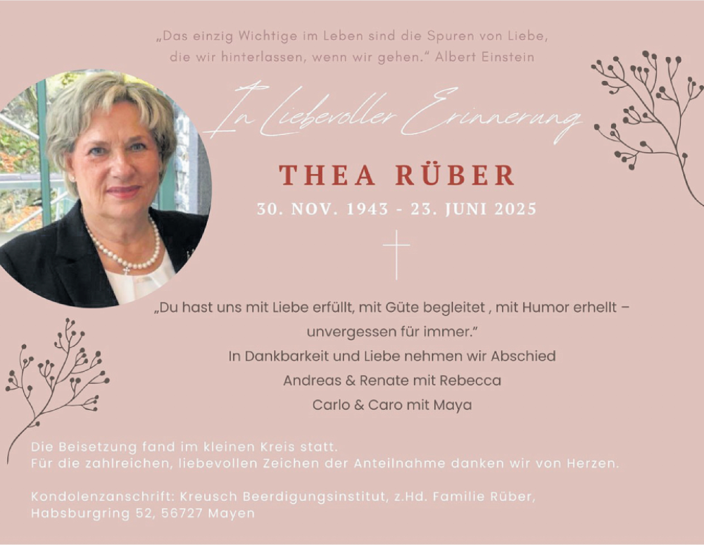  Traueranzeige für Thea Rüber vom 23.07.2025 aus WochenSpiegel