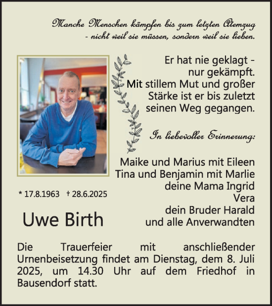 Traueranzeige von Uwe Birth von WochenSpiegel