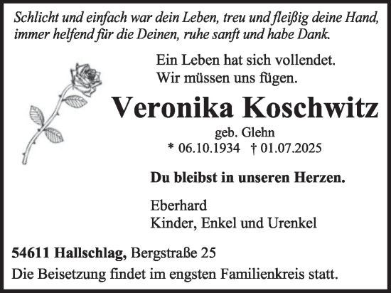 Traueranzeige von Veronika Koschwitz von WochenSpiegel