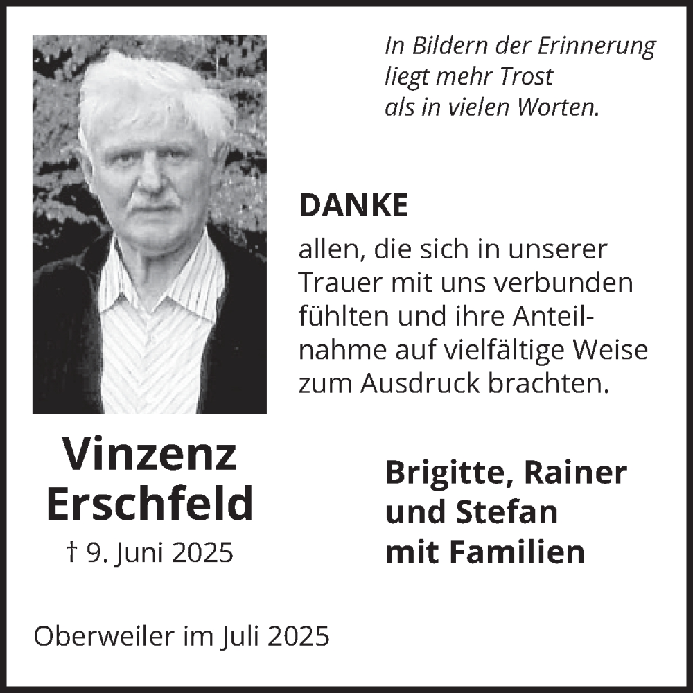  Traueranzeige für Vinzenz Erschfeld vom 18.07.2025 aus WochenSpiegel
