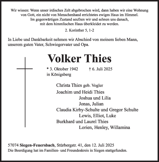 Traueranzeige von Volker Thies von WochenSpiegel
