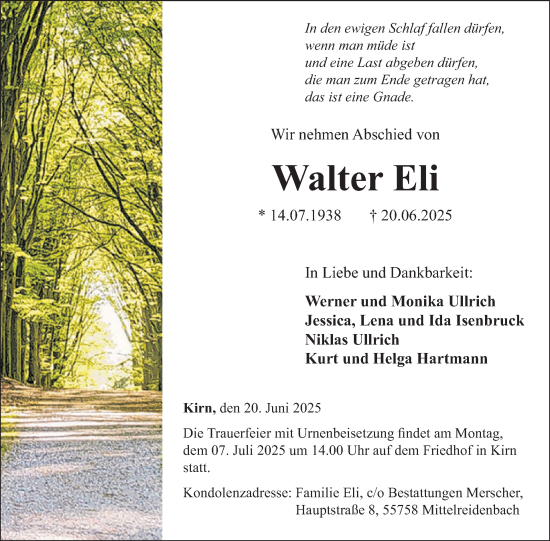 Traueranzeige von Walter Eli von WochenSpiegel