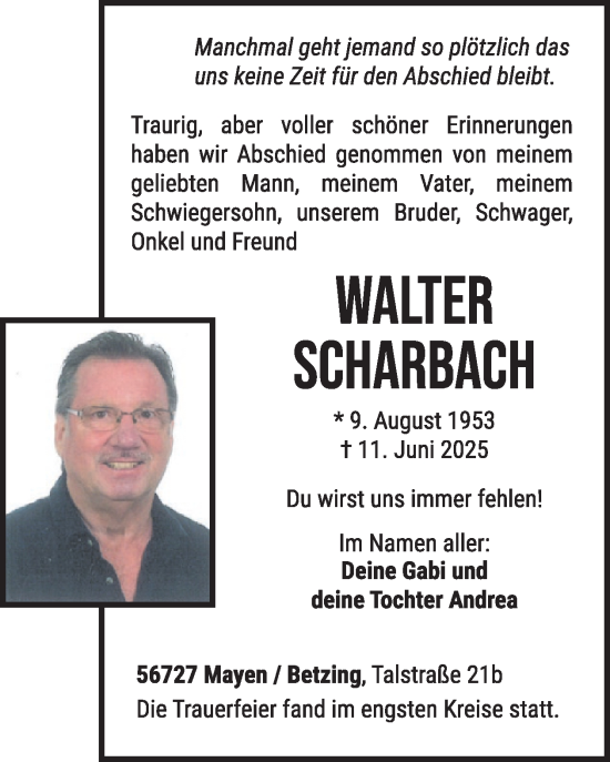Traueranzeige von Walter Scharbach von WochenSpiegel