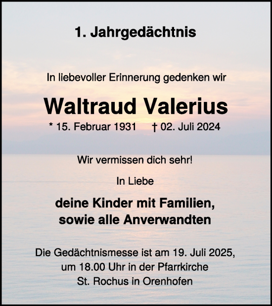 Traueranzeige von Waltraud Valerius von WochenSpiegel