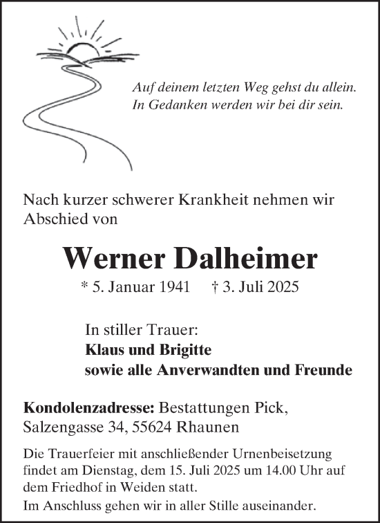 Traueranzeige von Werner Dalheimer von WochenSpiegel