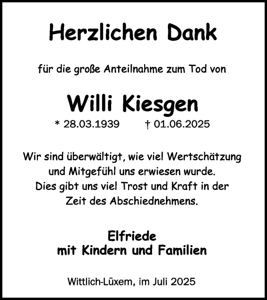 Traueranzeige von Willi Kiesgen von WochenSpiegel