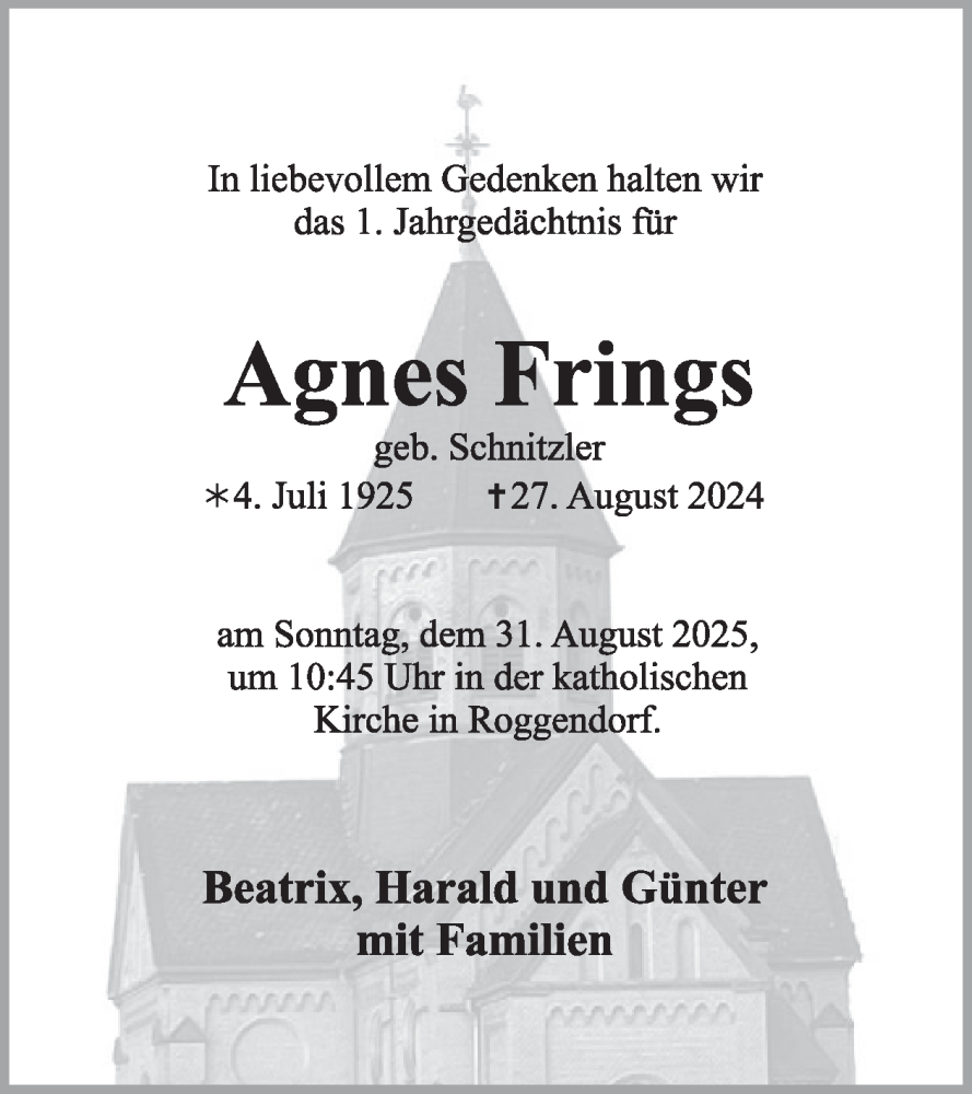  Traueranzeige für Agnes Frings vom 27.08.2025 aus WochenSpiegel