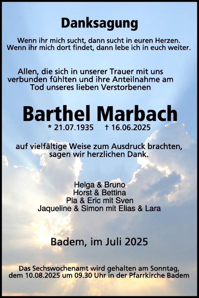  Traueranzeige für Barthel Marbach vom 08.08.2025 aus WochenSpiegel