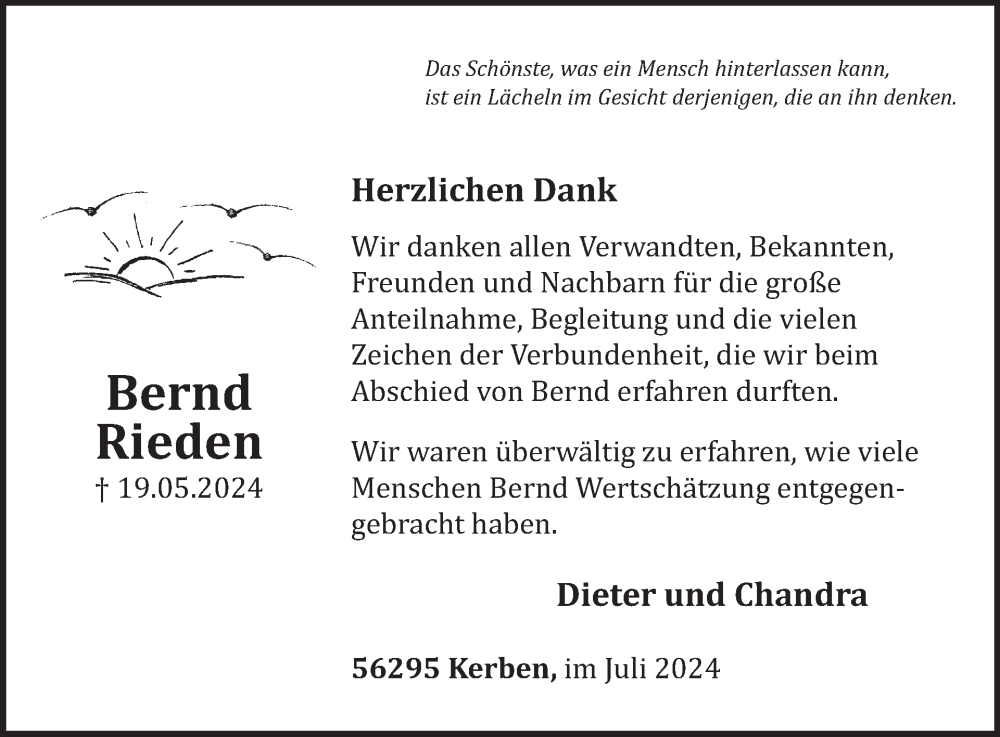  Traueranzeige für Bernd Rieden vom 10.07.2024 aus WochenSpiegel