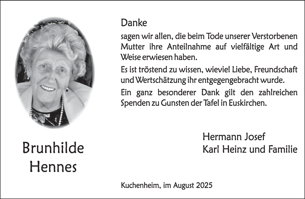  Traueranzeige für Brunhilde Hennes vom 20.08.2025 aus WochenSpiegel