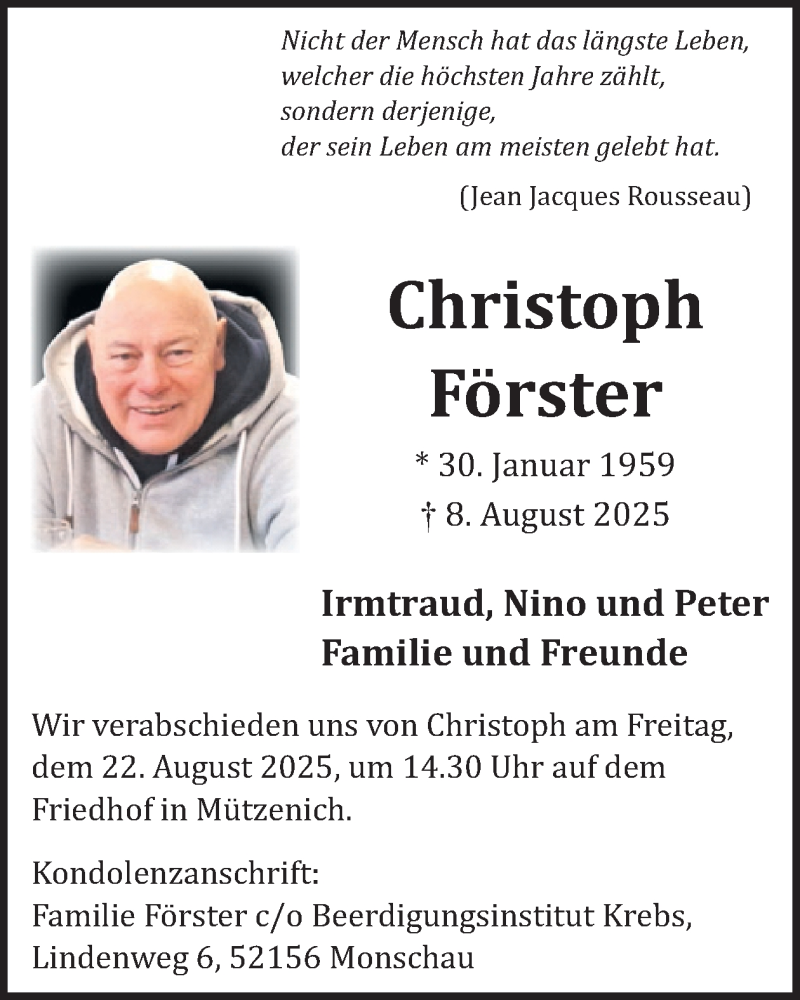  Traueranzeige für Christoph Förster vom 13.08.2025 aus WochenSpiegel