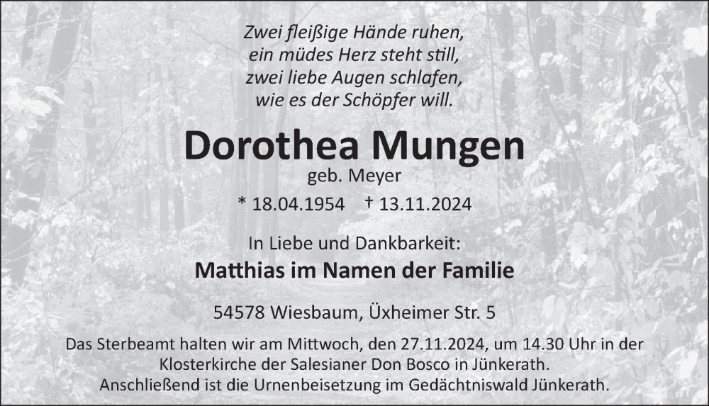  Traueranzeige für Dorothea Mungen vom 23.11.2024 aus WochenSpiegel