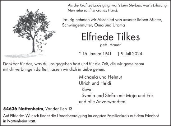Traueranzeige von Elfriede Tilkes von WochenSpiegel