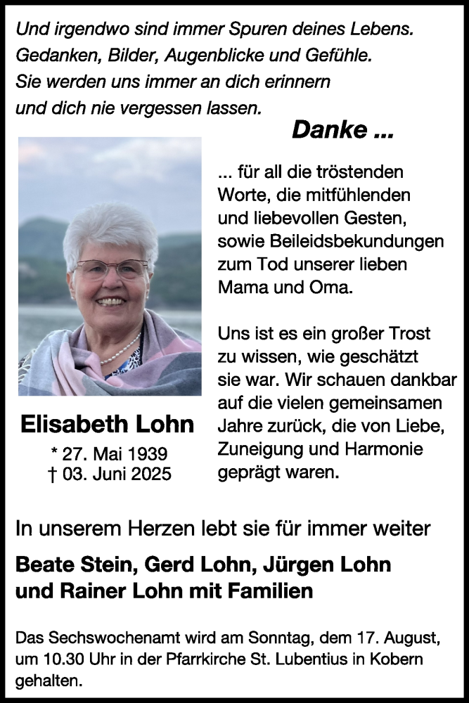  Traueranzeige für Elisabeth Lohn vom 06.08.2025 aus WochenSpiegel
