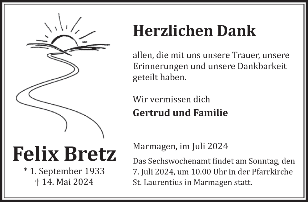  Traueranzeige für Felix Bretz vom 03.07.2024 aus WochenSpiegel