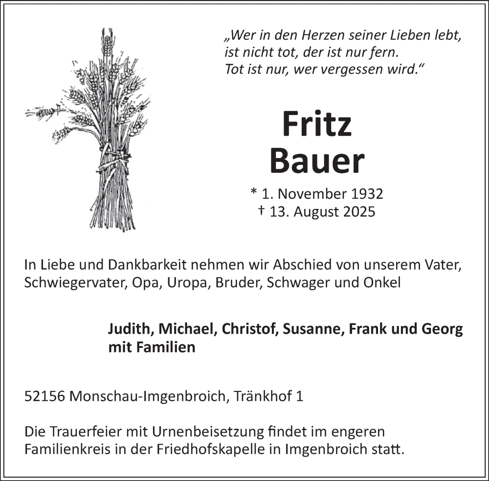  Traueranzeige für Fritz Bauer vom 20.08.2025 aus WochenSpiegel