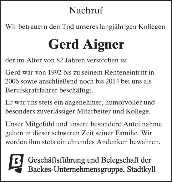 Traueranzeige von Gerd Aigner von WochenSpiegel