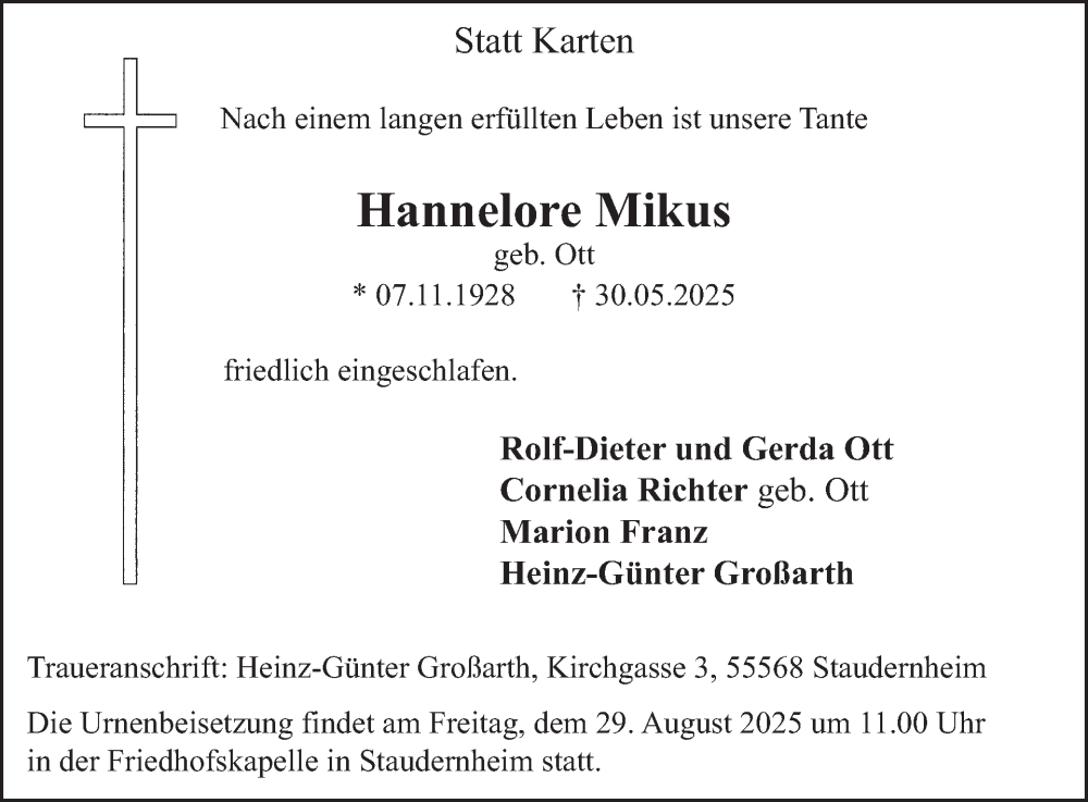  Traueranzeige für Hannelore Mikus vom 23.08.2025 aus WochenSpiegel