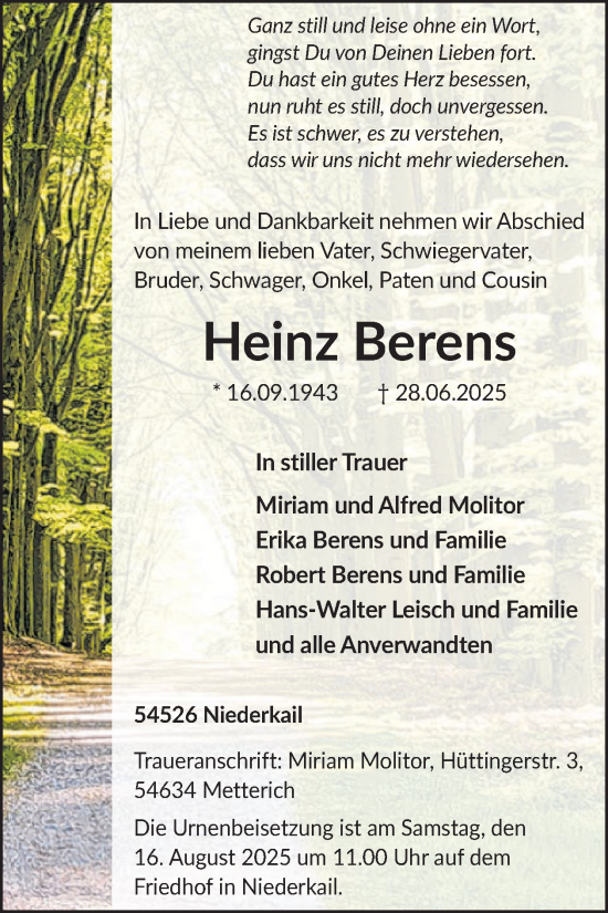 Traueranzeige von Heinz Berens von WochenSpiegel