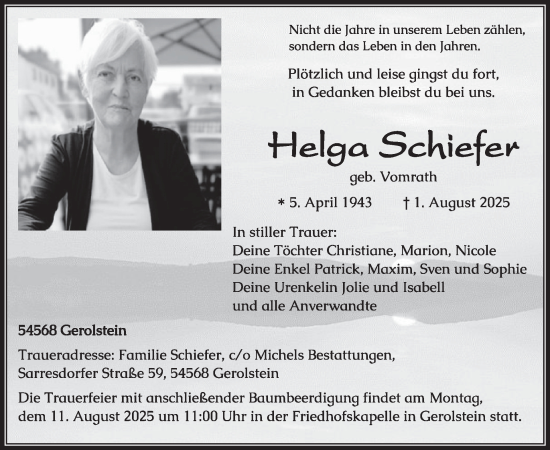 Traueranzeige von Helga Schiefer von WochenSpiegel