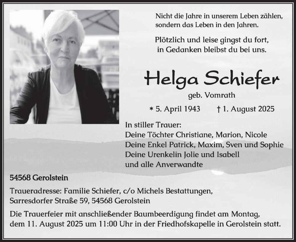  Traueranzeige für Helga Schiefer vom 09.08.2025 aus WochenSpiegel