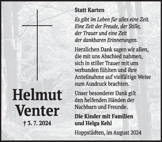 Traueranzeige von Helmut Venter von WochenSpiegel