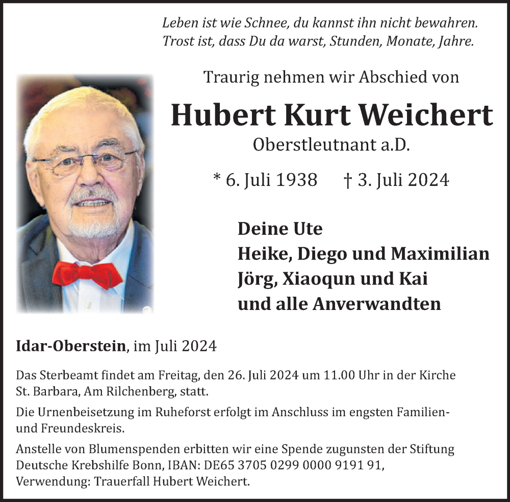  Traueranzeige für Hubert Kurt Weichert vom 13.07.2024 aus WochenSpiegel