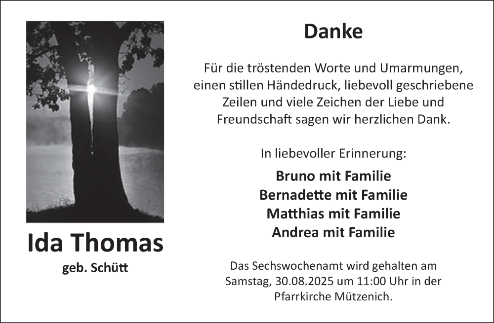  Traueranzeige für Ida Thomas vom 20.08.2025 aus WochenSpiegel