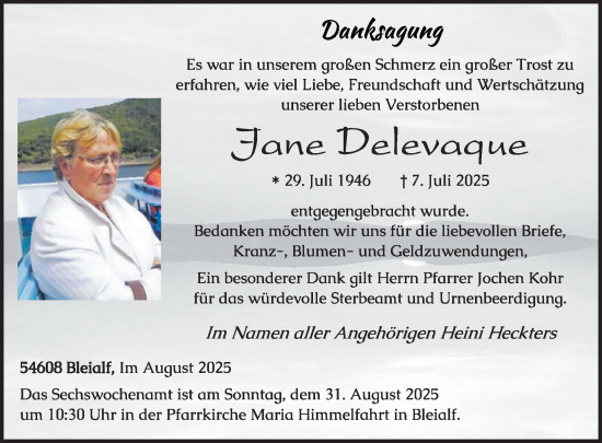 Traueranzeige von Jane Delevaque von WochenSpiegel
