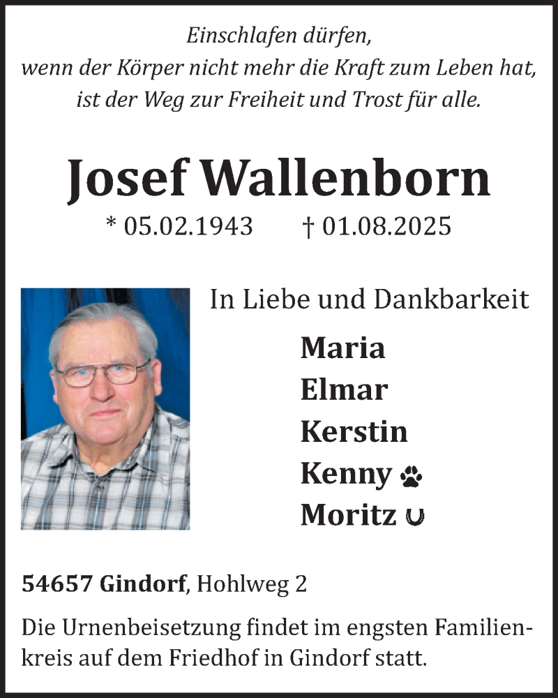  Traueranzeige für Josef Wallenborn vom 15.08.2025 aus WochenSpiegel