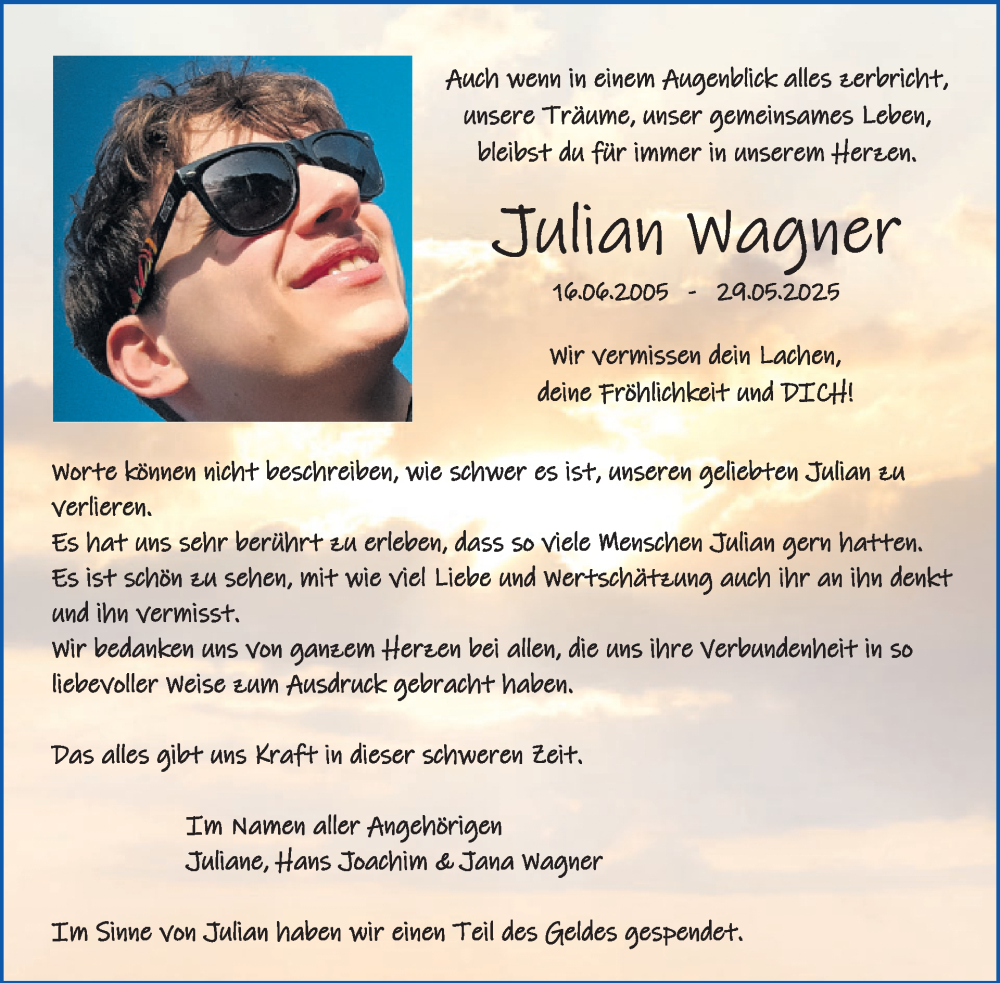  Traueranzeige für Julian Wagner vom 16.08.2025 aus WochenSpiegel