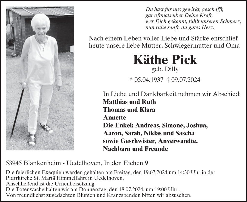  Traueranzeige für Käthe Pick vom 10.07.2024 aus WochenSpiegel