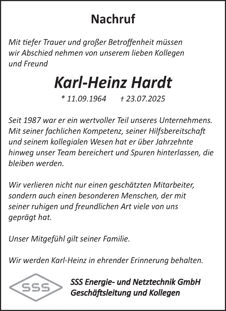  Traueranzeige für Karl-Heinz Hardt vom 08.08.2025 aus WochenSpiegel