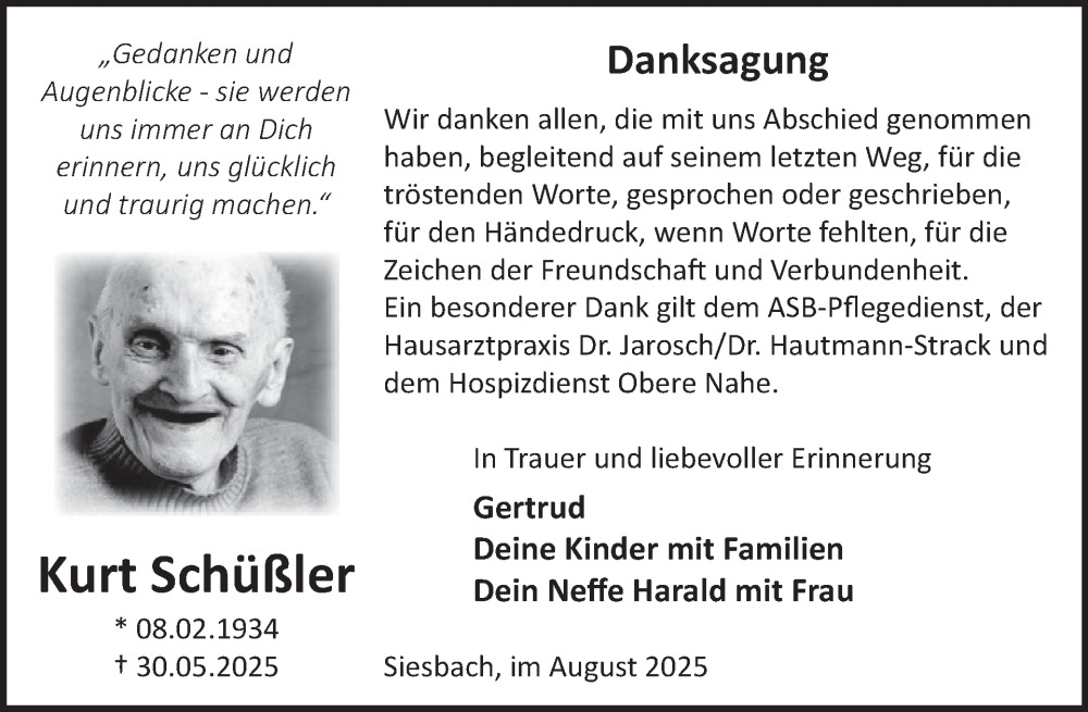  Traueranzeige für Kurt Schüßler vom 30.08.2025 aus WochenSpiegel