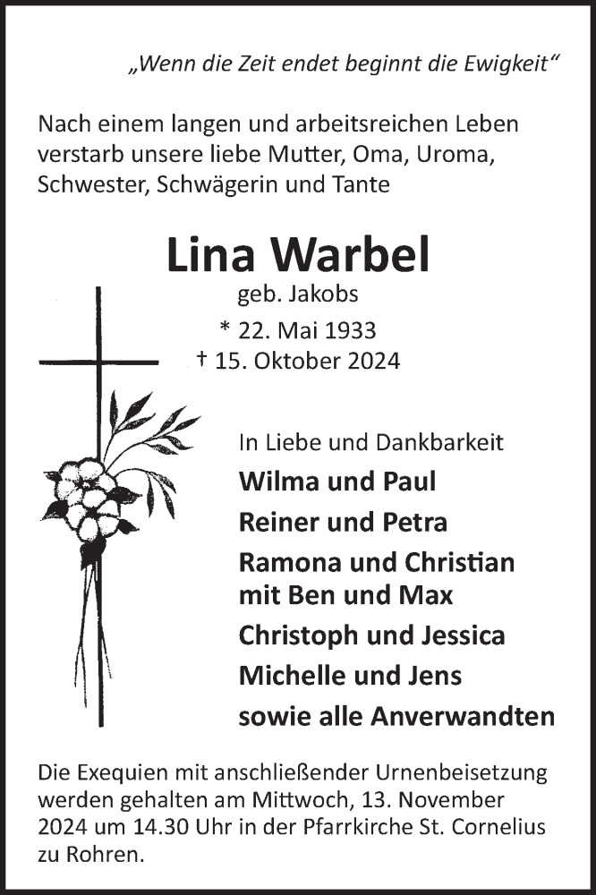  Traueranzeige für Lina Warbel vom 06.11.2024 aus WochenSpiegel