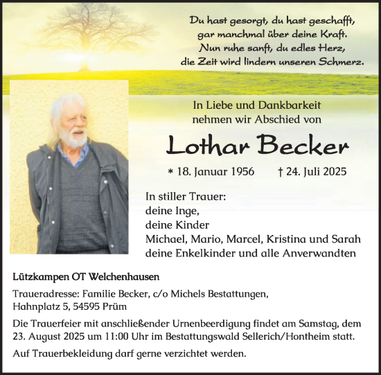 Traueranzeige von Lothar Becker von WochenSpiegel