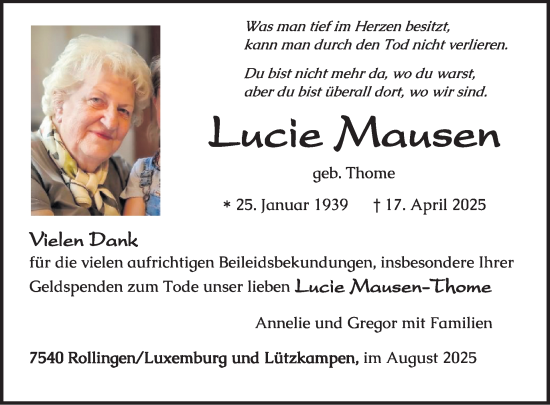 Traueranzeige von Lucie Mausen von WochenSpiegel