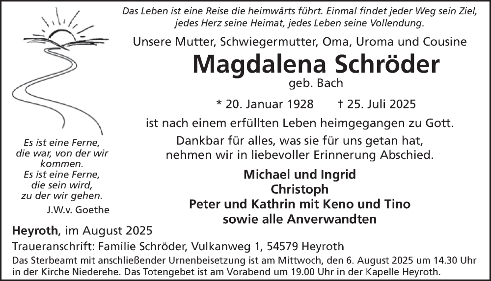  Traueranzeige für Magdalena Schröder vom 02.08.2025 aus WochenSpiegel