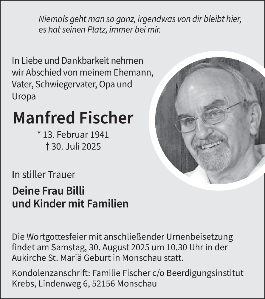  Traueranzeige für Manfred Fischer vom 20.08.2025 aus WochenSpiegel