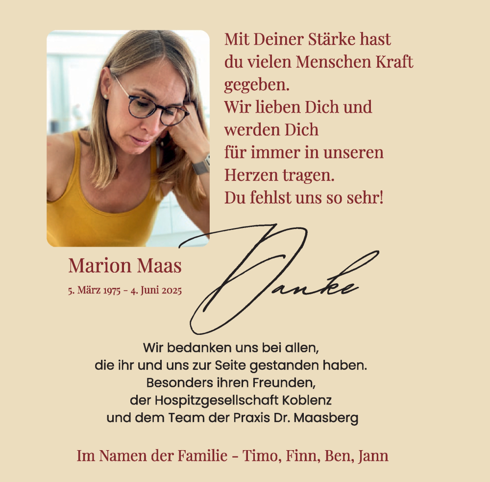  Traueranzeige für Marion Maas vom 06.08.2025 aus WochenSpiegel