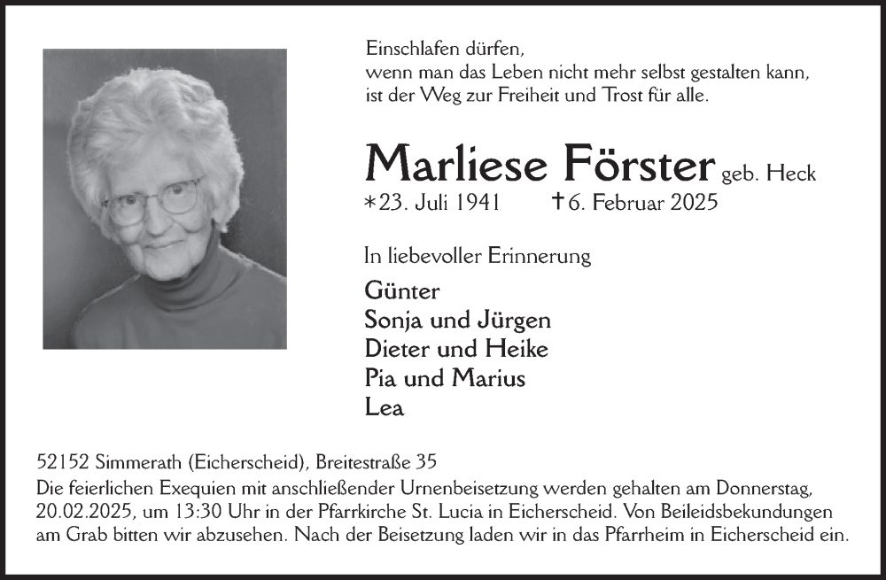  Traueranzeige für Marliese Förster vom 12.02.2025 aus WochenSpiegel