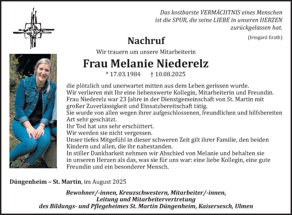  Traueranzeige für Melanie Niederelz vom 27.08.2025 aus WochenSpiegel