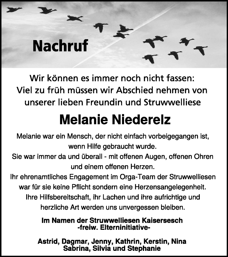  Traueranzeige für Melanie Niederelz vom 27.08.2025 aus WochenSpiegel