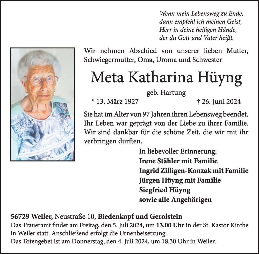  Traueranzeige für Meta Katharina Hüyng vom 03.07.2024 aus WochenSpiegel