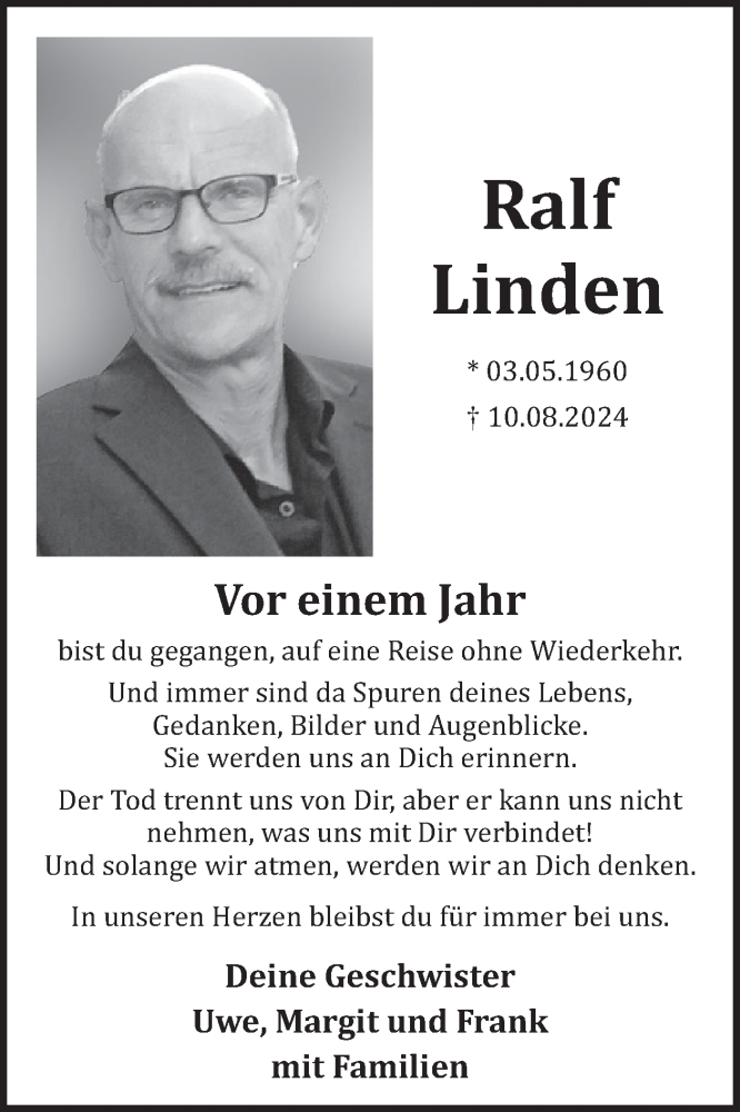  Traueranzeige für Ralf Linden vom 09.08.2025 aus WochenSpiegel
