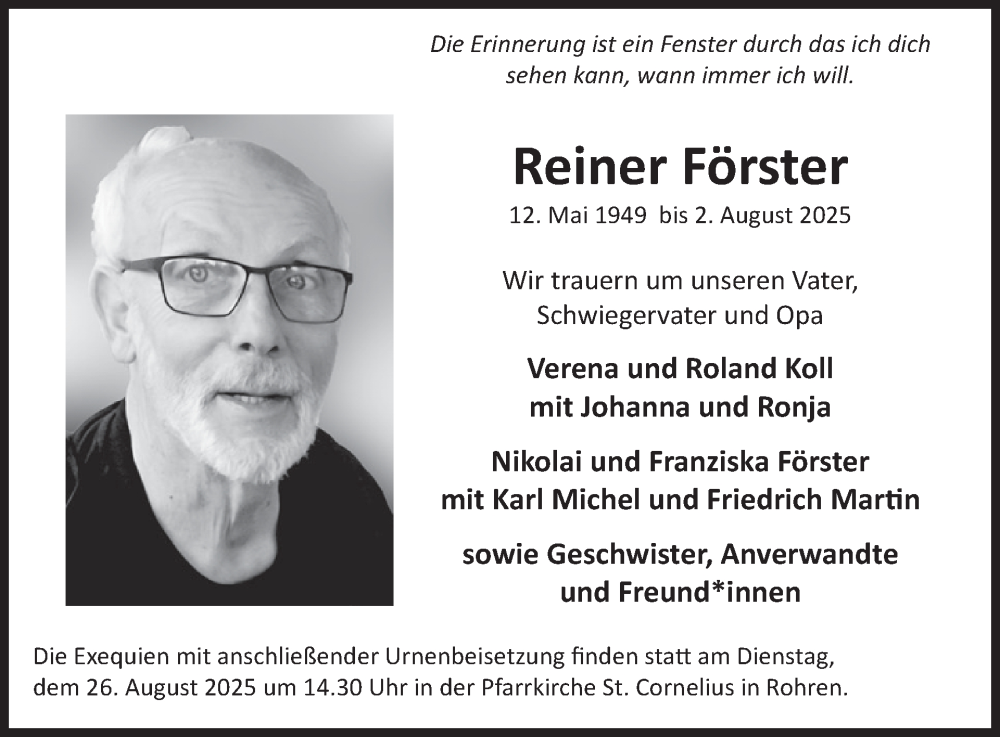  Traueranzeige für Reiner Förster vom 13.08.2025 aus WochenSpiegel