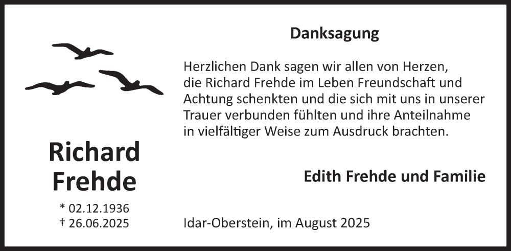  Traueranzeige für Richard Frehde vom 02.08.2025 aus WochenSpiegel